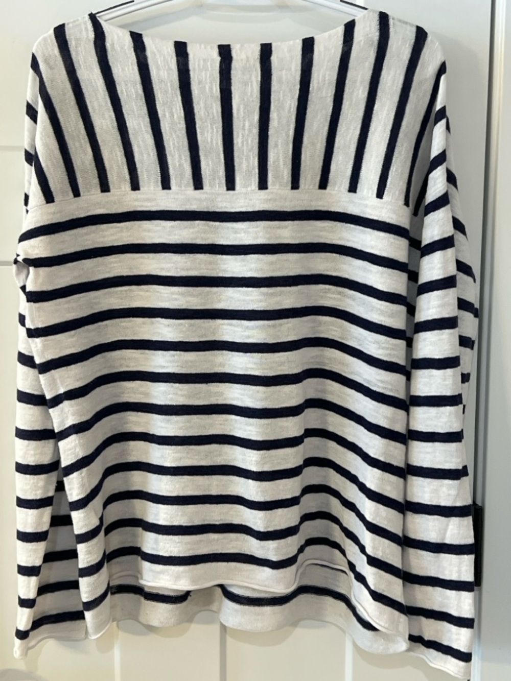 Eileen Fisher Organic Linen Cotton Striped Sweater M Navy Cream Button Shoulder - Picture 5 of 5